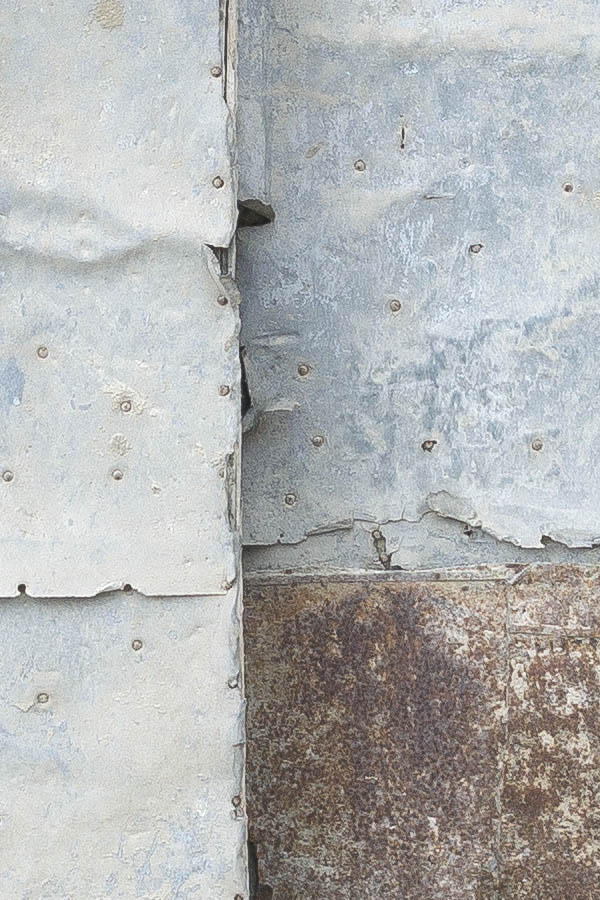 Photo 24458: Decayed, formed, grey metal double door with latticed door light