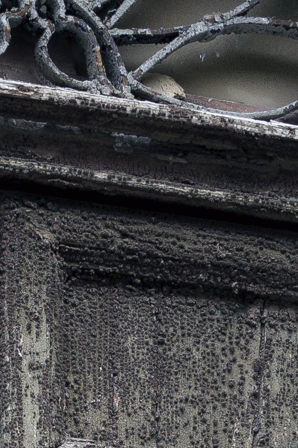 Photo 24466: Decayed, panelled, unpainted double door with latticed fan light