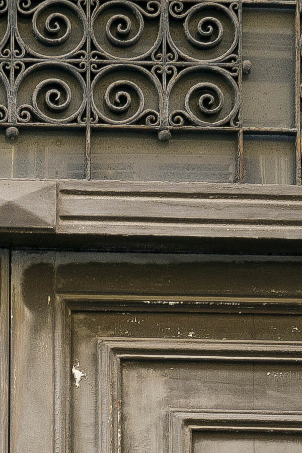 Photo 24635: Worn, panelled, brown gate with latticed top window and minor door, all in Art Nouveau style