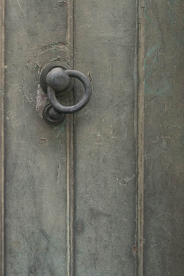 Photo 24646: Decayed, green double door of boards with latticed fan light