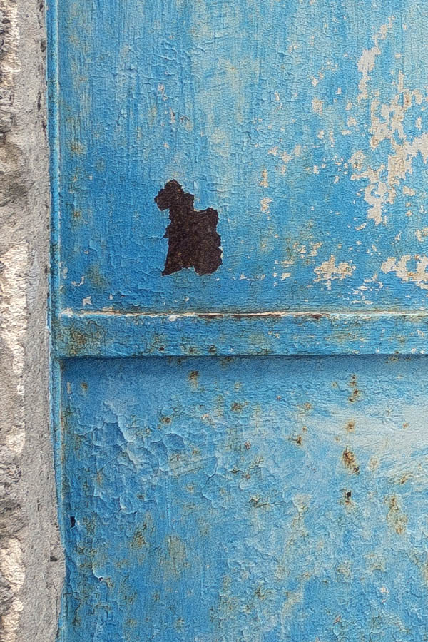 Photo 24665: Decayed, light blue and white metal plate double door with latticed door lights