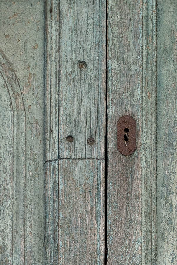Photo 24690: Worn, panelled, carved, green gate