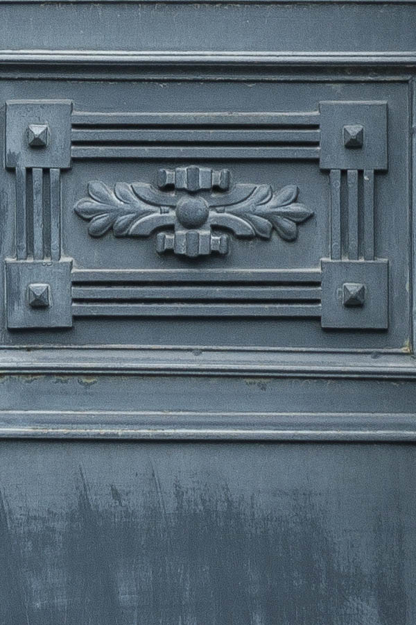 Photo 24725: Panelled, carved, teal double door with latticed fan light