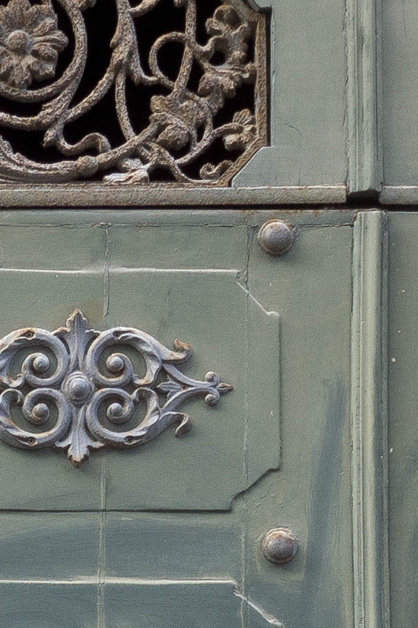 Photo 24879: Formed, carved, panelled, green door with latticed door lights