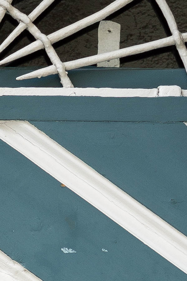 Photo 24971: Wide, panelled, green and white door with diagonal boards and latticed fan light