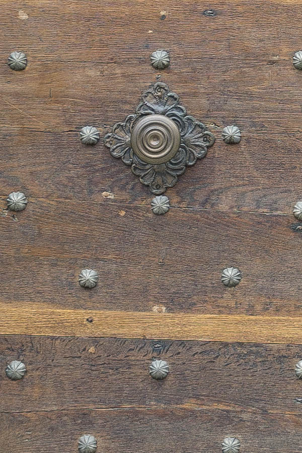 Photo 24985: Worn, brown gate of horizontal boards with latticed fan light