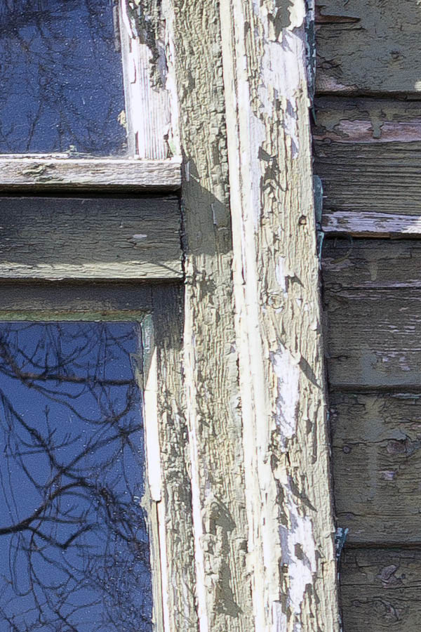 Photo 25004: Two decayed, green windows with six panes and three frames each