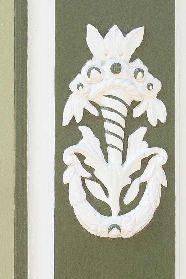 Photo 25043: Panelled, carved, green, light green, and white double door with top window