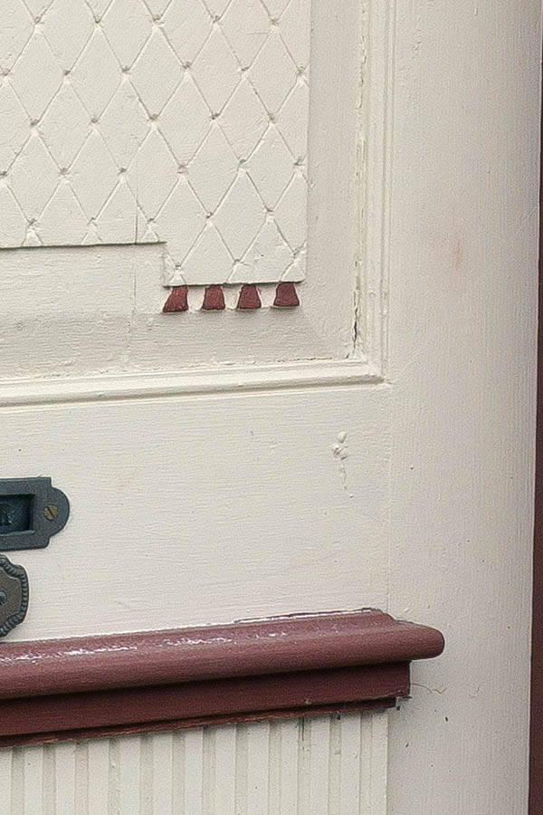 Photo 25060: Panelled, carved, light yellow and brown door with top window