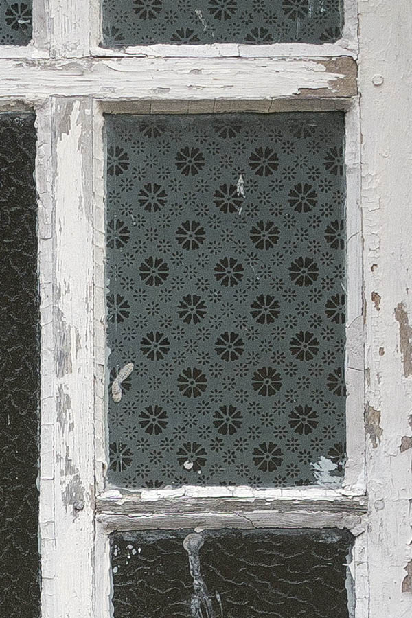 Photo 25133: Worn, white window with nine panes with matted glass