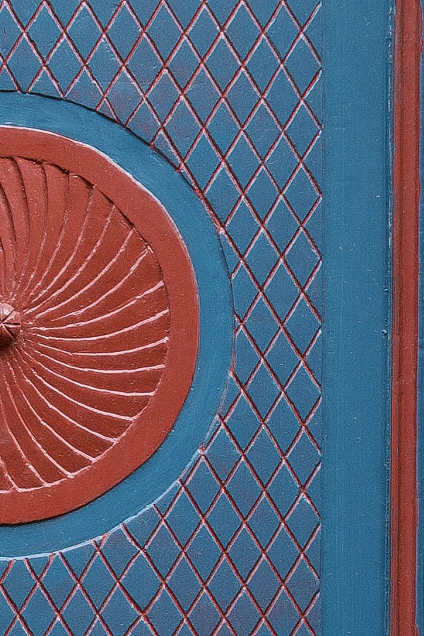 Photo 25206: Lopsided, panelled, carved, blue and red door with top window