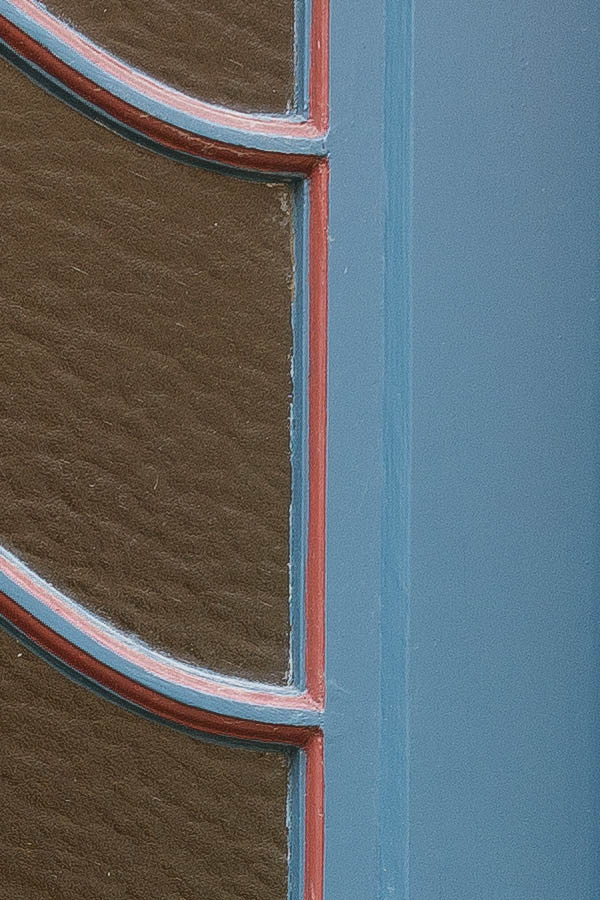 Photo 25209: Formed, carved, panelled, blue and red door with formed door light