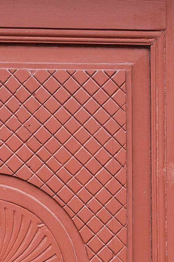 Photo 25216: Panelled, carved, red door with top window