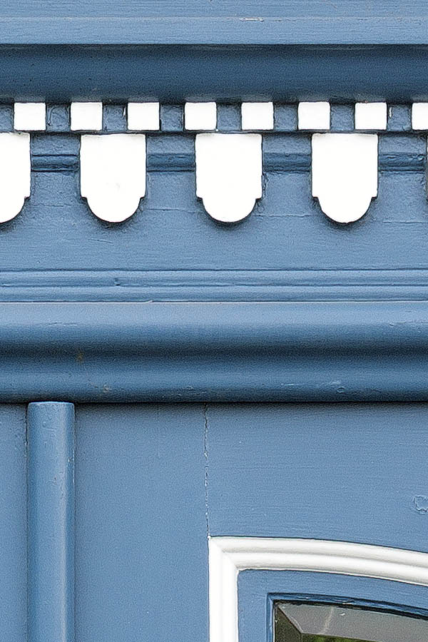Photo 25224: Panelled, formed, carved, blue double door with door lights and top window