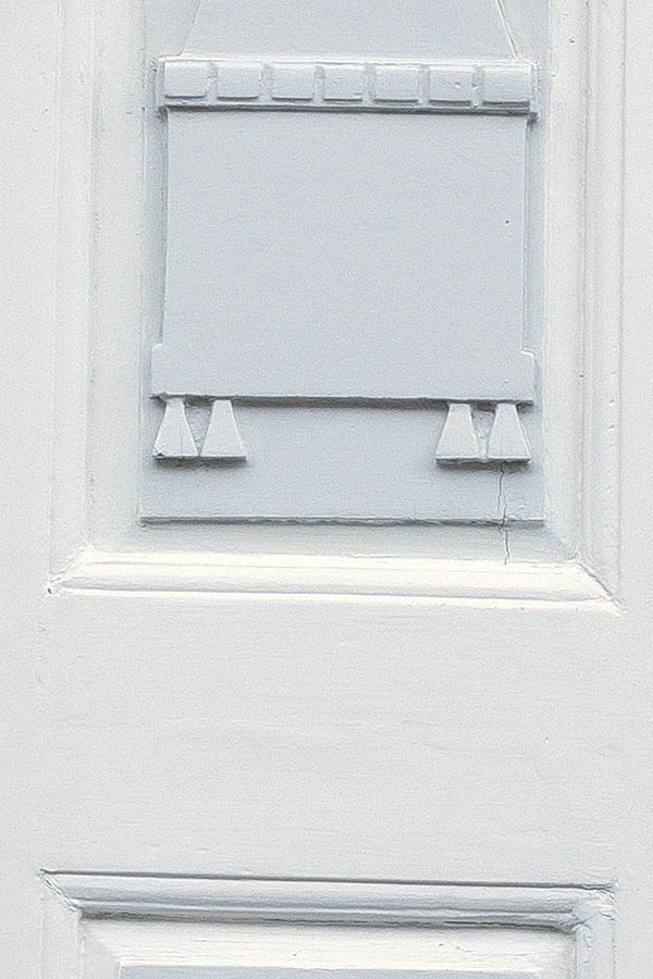 Photo 25296: Lopsided, panelled, carved, white and light grey double door with large top window