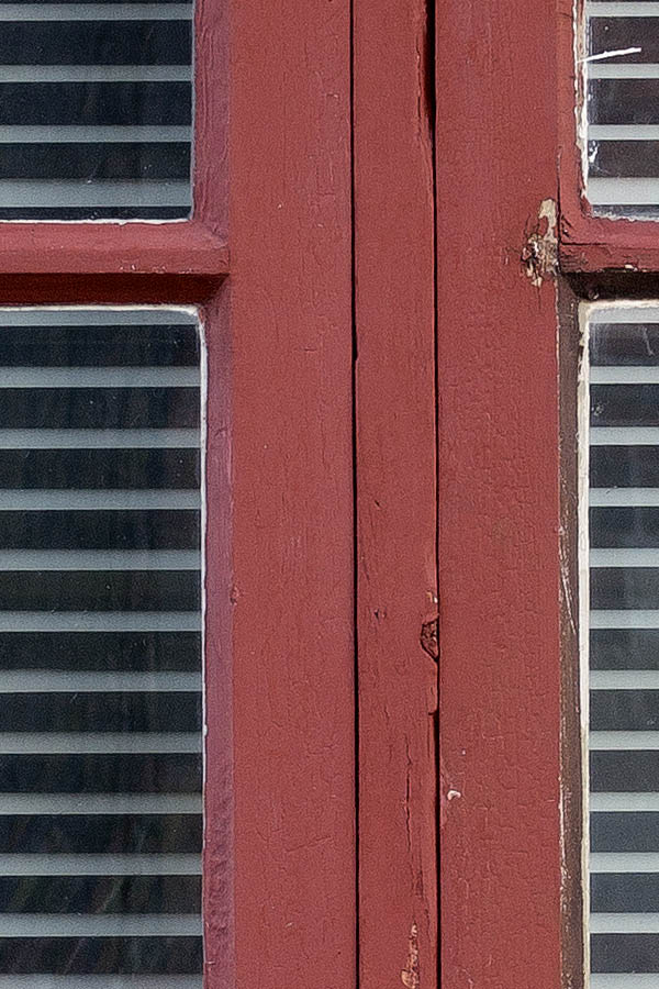 Photo 25307: Worn, red window with two frames and six panes