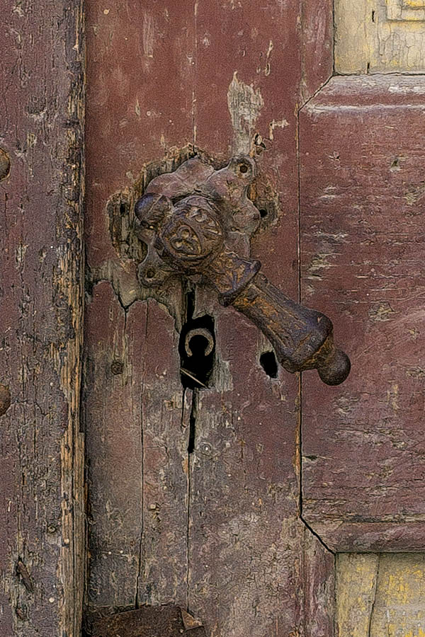 Photo 25467: Decayed, panelled, narrow, red and yellow double door