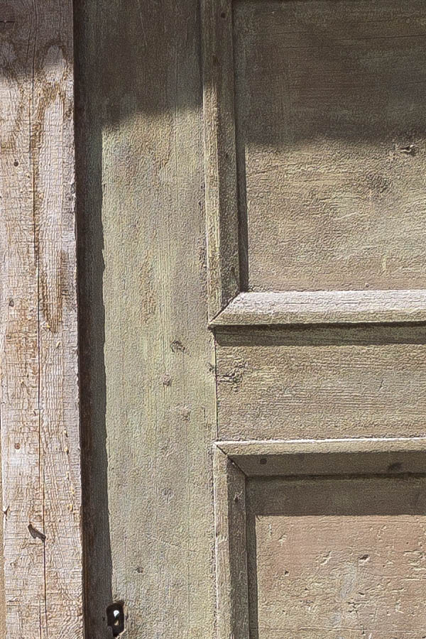 Photo 25476: Worn, panelled, formed, unpainted, green gate with door lights
