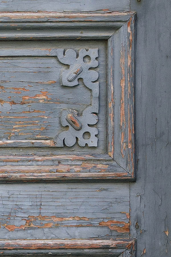 Photo 25479: Worn, panelled, carved, teal double door with door lights