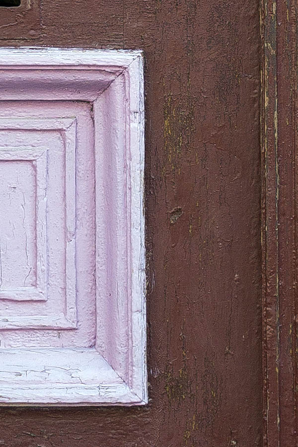 Photo 25480: Panelled, red and pink double door with door lights