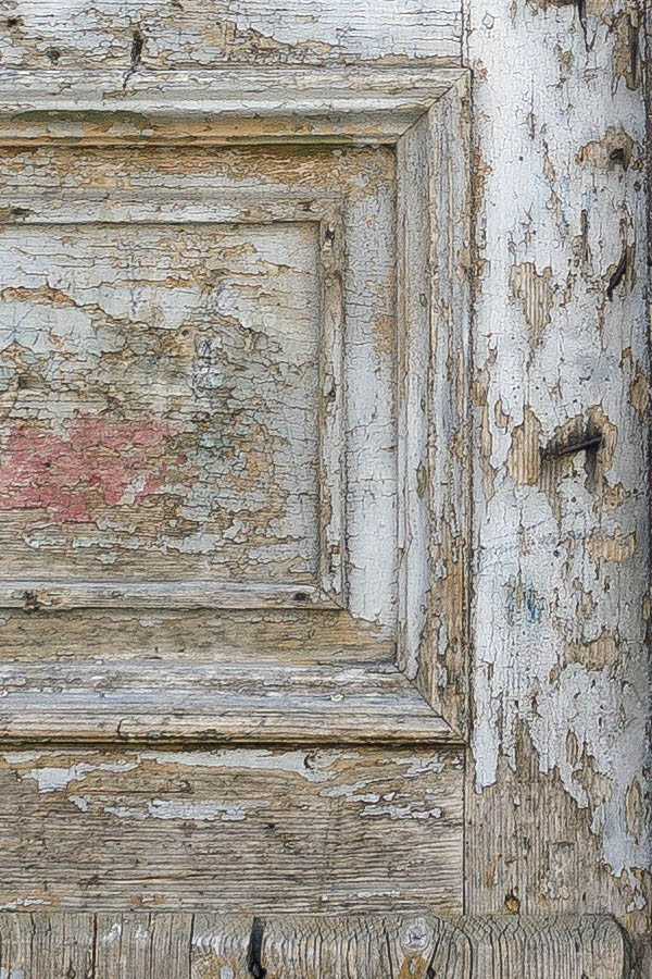 Photo 25483: Decayed, panelled, white and unpainted gate with fan light