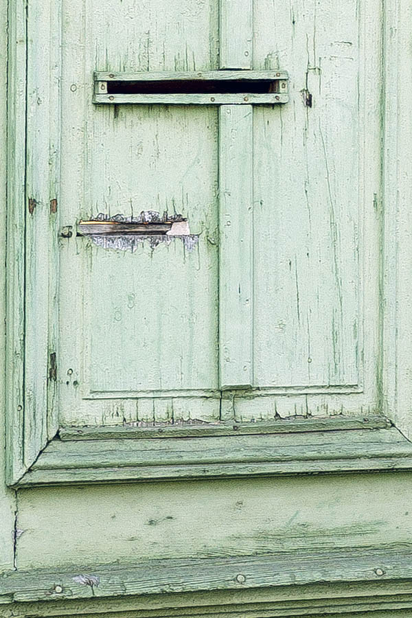 Photo 25657: Worn, panelled, green gate in three parts