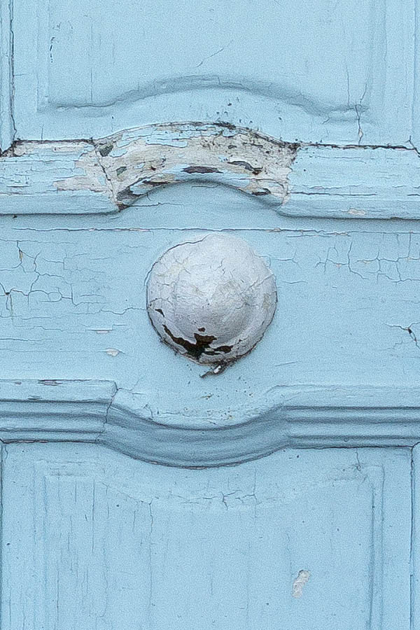 Photo 25683: Narrow, panelled, carved, light blue and white double door with door lights and top window