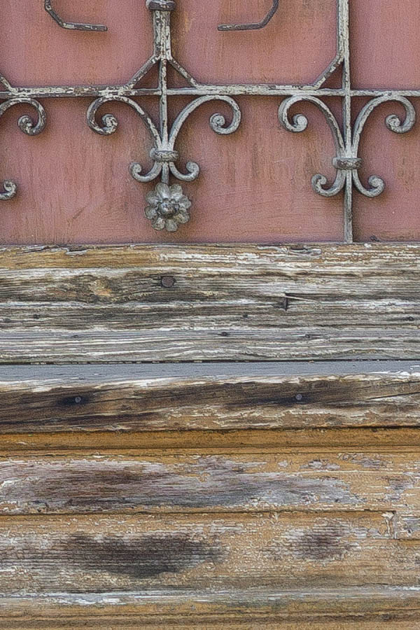 Photo 25694: Worn, panelled, carved, unpainted, brown gate with top window