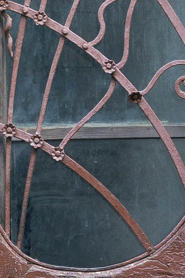 Photo 25824: Panelled, formed, carved, purple double door with latticed door lights