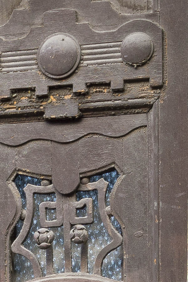 Photo 25832: Decayed, panelled, formed, carved, brown double door with latticed door lights