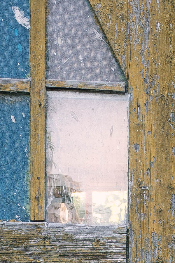 Photo 25850: Decayed, panelled, yellow and unpainted double door with formed door lights and top window