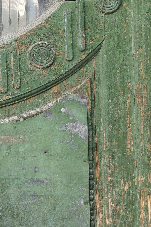 Photo 25872: Decayed, formed, carved, panelled, green and unpainted double door with latticed door lights and top