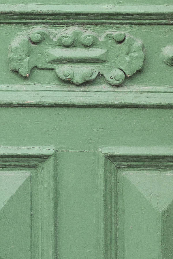 Photo 25879: Panelled, carved, lopsided, green double door with top window