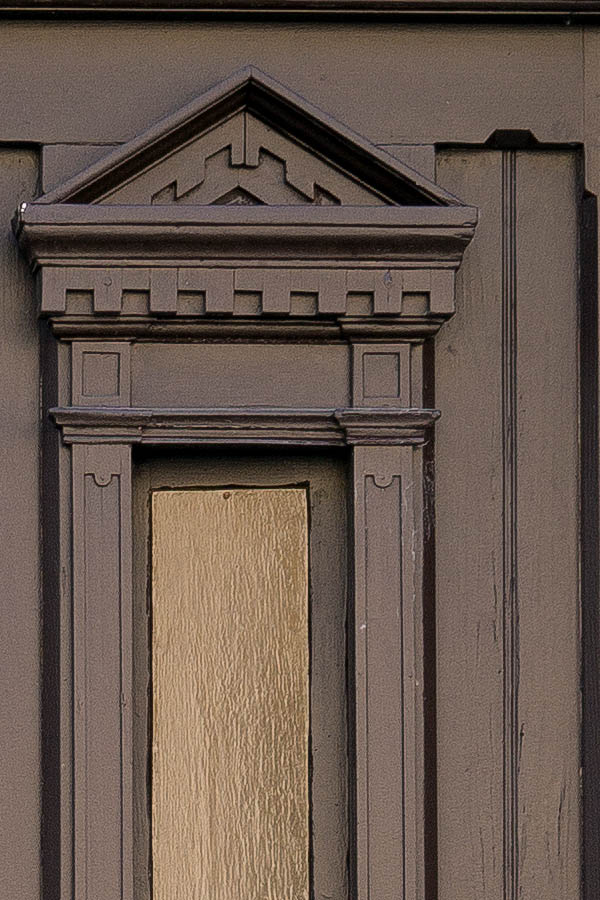 Photo 25943: Panelled, carved, dark brown double door with narrow door lights