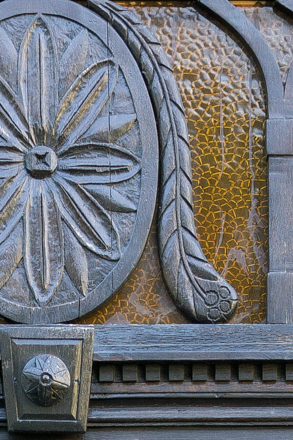 Photo 25961: Panelled, carved, latticed, black double door with large door lights and a large fan light