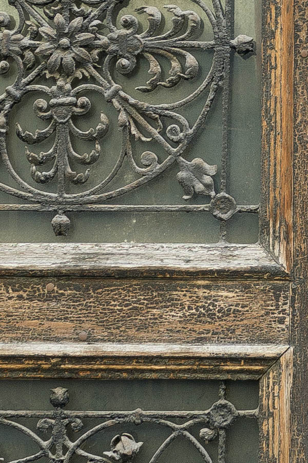 Photo 26066: Worn, panelled, carved, brown and unpainted double door with latticed door lights and large fan ligh