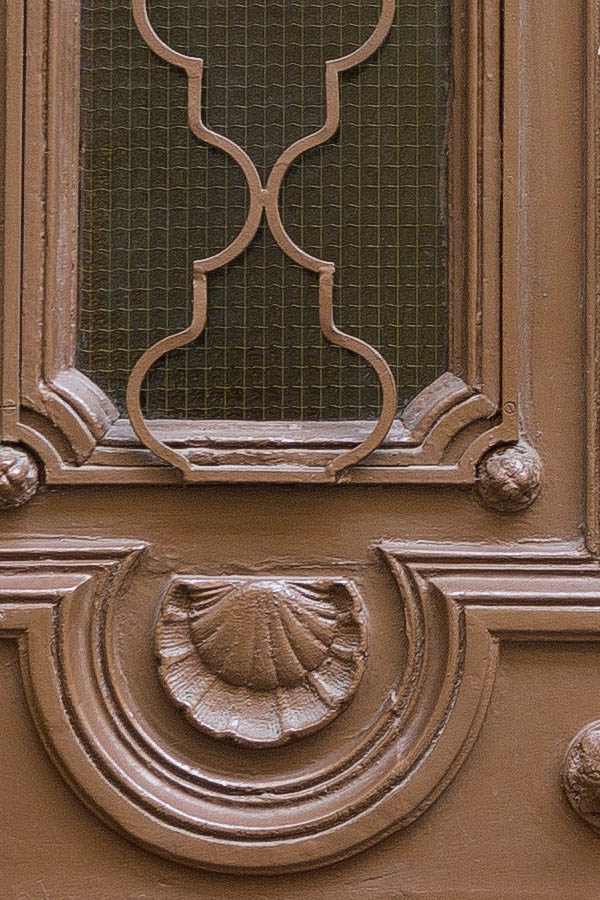Photo 26078: Panelled, carved, light brown double door with latticed door lights and fan light