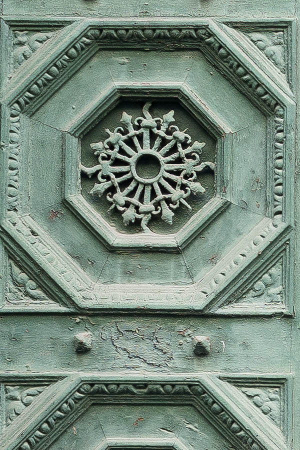 Photo 26084: Panelled, carved, green double door with fan light