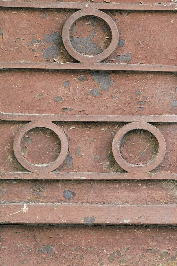 Photo 26223: Brown metal plate door with sidepiece and decorations