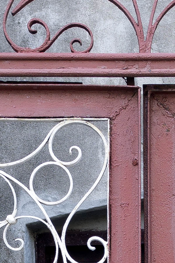 Photo 26252: Red and white metal plate double door with decoration and latticed door lights without glass