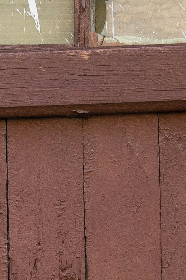 Photo 26337: Worn, lopsided, panelled, brown door with top window