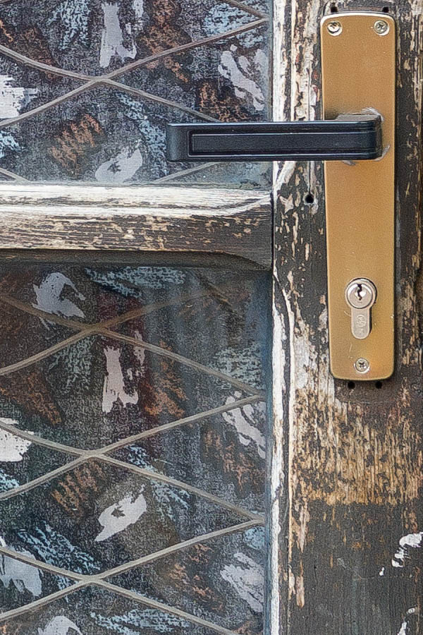 Photo 26352: Worn, panelled, brown and unpainted door with latticed door lights, top window, and shop window