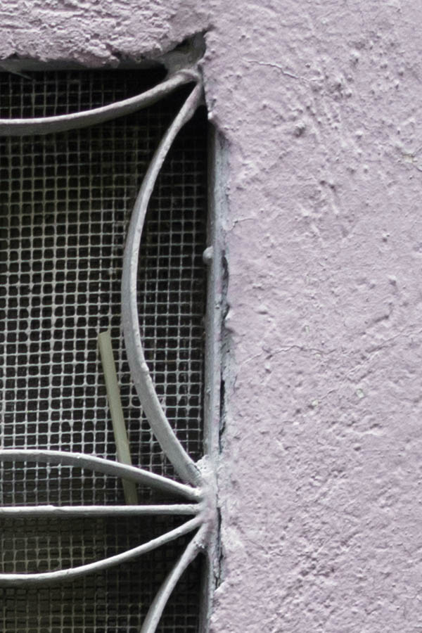 Photo 26485: White, latticed window with grating