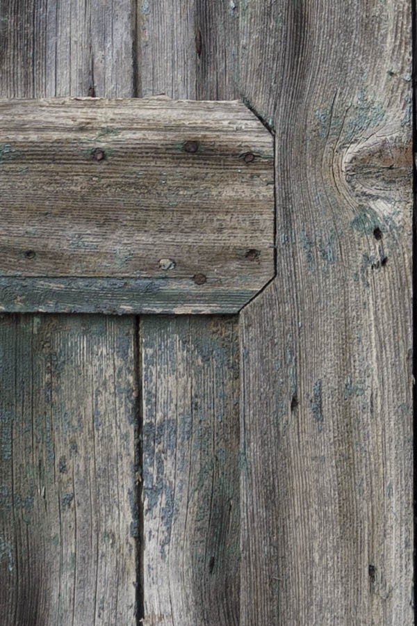 Photo 26792: Decayed, unpainted and light green, panelled double door