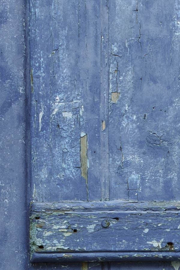 Photo 26805: Worn, narrow, blue double door of boards
