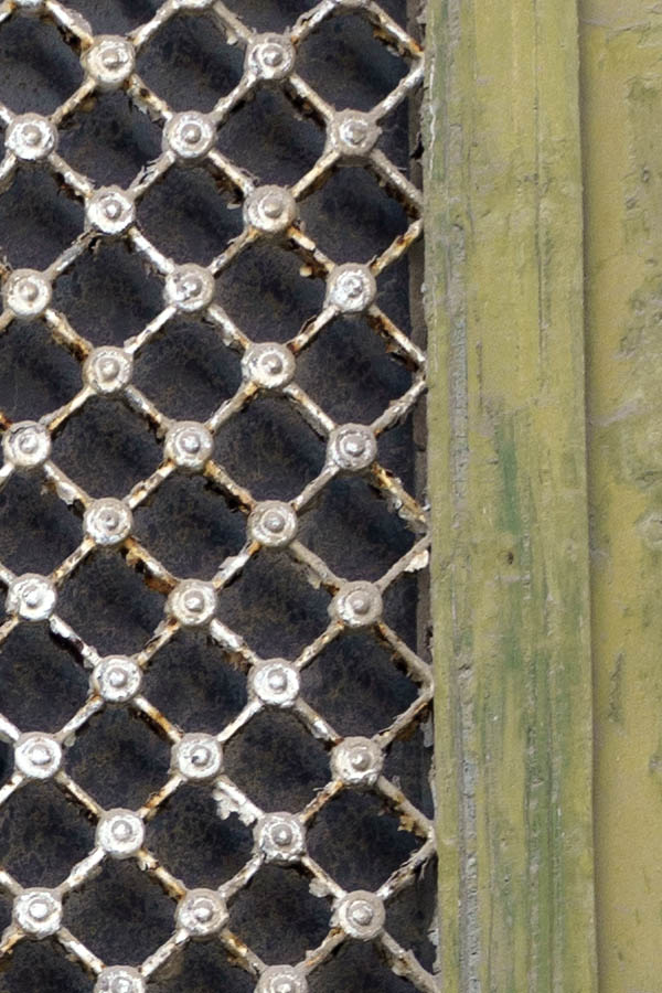 Photo 26815: Worn, green, panelled double door with white, latticed windows and top window