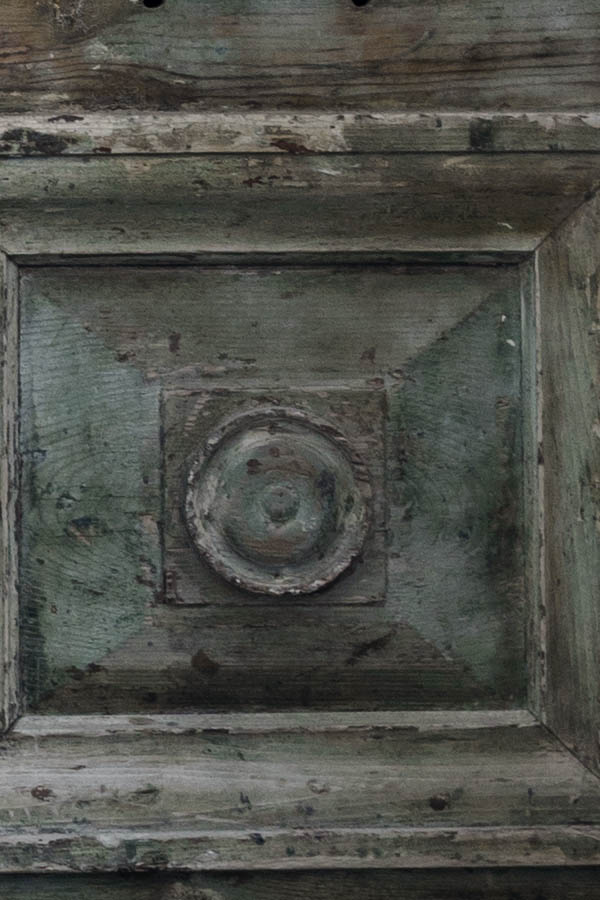 Photo 26821: Decayed, unpainted and light green, panelled double door with top window