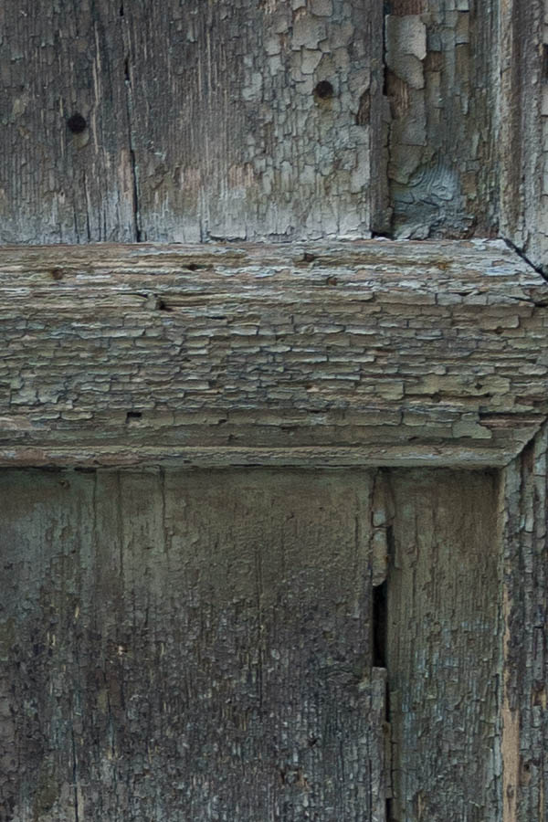 Photo 26869: Decayed, unpainted and green, panelled double door with top window in a white frame
