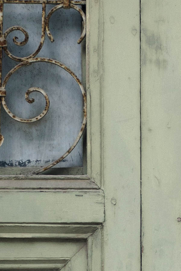 Photo 26884: Decayed, panelled, light green double door with lattice and door light