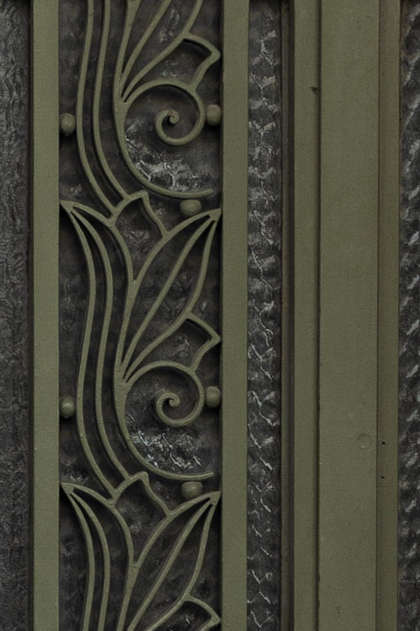 Photo 26956: Large, formed, dark green metal door with fan light and matted glass